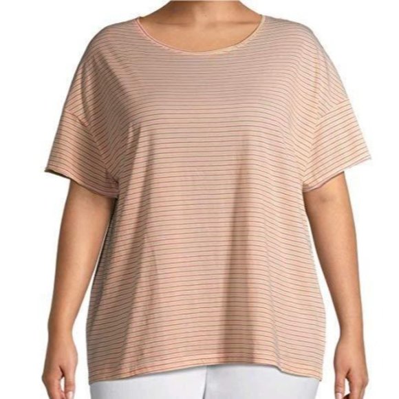 Terra & Sky Relaxed Crew Tee Orange Yellow Stripes Pima Cotton Size 0X 14W - Picture 1 of 1